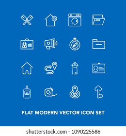 Modern, simple vector icon set on blue background with washer, building, old, name, map, famous, vintage, business, owner, clean, point, identification, water, friction, remote, road, lock, tv icons