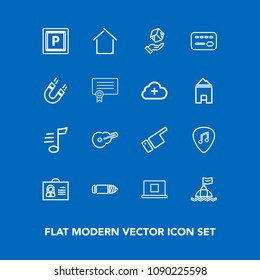 Modern, simple vector icon set on blue background with people, internet, delivery, package, female, sea, estate, military, shipping, guitar, gun, house, white, horizontal, bullet, life, buoy icons
