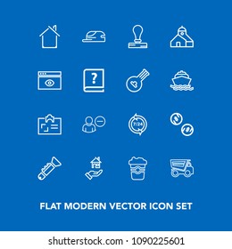 Modern, simple vector icon set on blue background with stationery, vehicle, card, tipper, mug, help, musical, sign, truck, money, id, dump, delete, fashion, operator, support, cup, jazz, estate icons