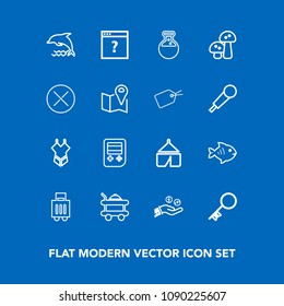 Modern, simple vector icon set on blue background with tent, seafood, hotel, airport, tool, food, adventure, wildlife, house, business, bag, unknown, ocean, money, travel, dolphin, technology icons