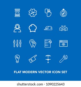 Modern, simple vector icon set on blue background with pin, clock, package, cargo, equipment, internet, spanner, box, phone, timer, map, pub, delivery, discount, table, object, sale, label, hour icons