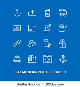 Modern, simple vector icon set on blue background with upload, helm, medicine, rudder, clean, present, machine, pharmacy, construction, gift, equipment, research, box, wheel, nautical, life, web icons