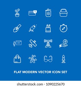 Modern, simple vector icon set on blue background with paris, park, retail, go, tower, communication, business, can, flight, sale, spaceship, plane, airplane, france, music, landmark, sun, tree icons