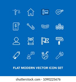 Modern, simple vector icon set on blue background with internet, house, roller, national, office, cocktail, pencil, saw, profile, glass, home, repair, guitar, drink, chat, building, brush, music icons