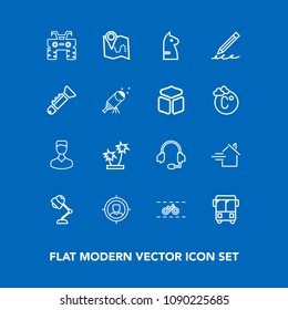 Modern, simple vector icon set on blue background with house, technology, property, quad, target, bus, travel, rent, transportation, atv, bicycle, strategy, cycle, summer, call, transport, human icons