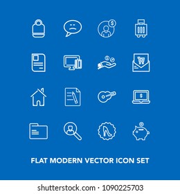Modern, simple vector icon set on blue background with frame, bubble, home, bag, finance, music, object, luggage, circle, coin, travel, paper, computer, fashion, account, architecture, building icons