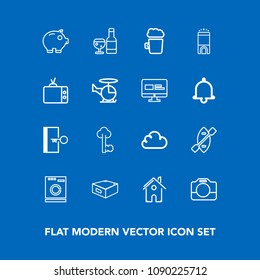 Modern, simple vector icon set on blue background with beer, home, exit, oar, key, finance, wine, lock, bar, old, water, architecture, drink, camera, estate, canoe, cloud, hotel, video, handle icons