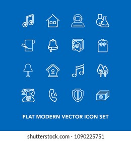 Modern, simple vector icon set on blue background with laboratory, currency, bird, call, architecture, cosmonaut, vintage, musical, mobile, telephone, science, space, music, shield, phone, tree icons