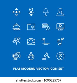 Modern, simple vector icon set on blue background with camera, boat, music, justice, arrow, mexico, melody, spring, electricity, legal, spacecraft, technology, sound, video, flower, blossom, law icons