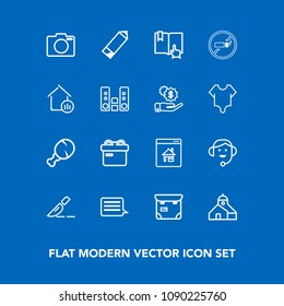 Modern, simple vector icon set on blue background with operation, call, estate, business, food, open, meal, pretty, box, medical, phone, lens, clinic, chicken, snack, sign, real, surgery, people icons