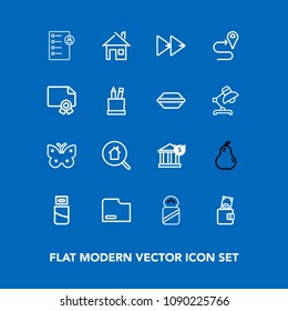 Modern, simple vector icon set on blue background with plug, nature, checklist, cable, building, purse, human, wing, butterfly, white, sign, paper, wallet, estate, pear, technology, file, button icons
