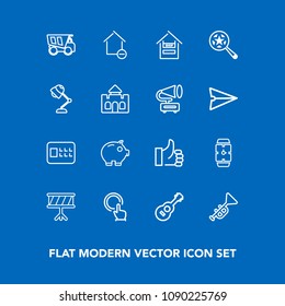 Modern, simple vector icon set on blue background with home, clock, security, search, bugle, lock, musical, dumper, minute, vehicle, button, cart, house, store, safety, tipper, success, music icons