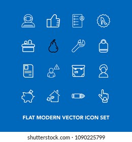 Modern, simple vector icon set on blue background with horizontal, people, personal, internet, checklist, professional, property, military, human, card, id, search, money, space, investment, key icons