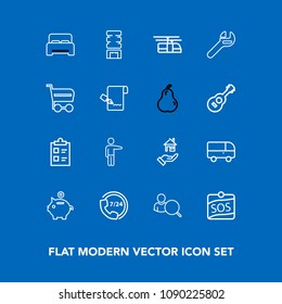 Modern, simple vector icon set on blue background with tick, help, train, people, road, speed, white, check, furniture, service, hand, investment, label, home, bank, double, house, container icons