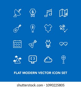 Modern, simple vector icon set on blue background with sound, satellite, bikini, note, communication, mountain, glasses, day, musical, computer, schedule, fashion, internet, technology, string icons