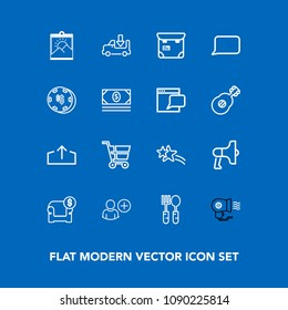 Modern, simple vector icon set on blue background with white, announcement, kitchen, modern, trolley, sofa, phone, download, picture, loudspeaker, web, star, transport, restaurant, shipping, fan icons