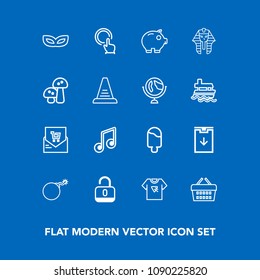 Modern, simple vector icon set on blue background with lock, download, sweet, click, supermarket, shop, finger, weapon, dessert, market, mask, sound, unlock, nuclear, party, musical, open, cream icons