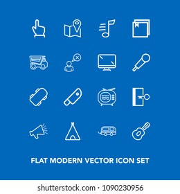 Modern, Simple Vector Icon Set On Blue Background With Hand, Escape, Button, Kitchen, Video, Finger, Tv, Exit, Musical, White, Camp, Melody, Loud, Board, Knife, Pin, Guitar, Television, Map, Cut Icons