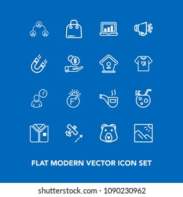 Modern, simple vector icon set on blue background with nature, computer, glass, screen, fahrenheit, sale, tobacco, shirt, thermometer, buy, classic, cocktail, tshirt, time, travel, aircraft icons