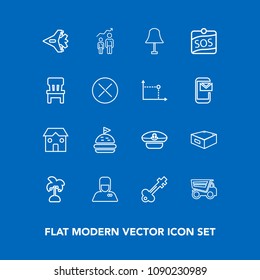 Modern, simple vector icon set on blue background with personal, food, jetliner, cap, key, palm, hospitality, tropical, captain, leaf, aircraft, lunch, sandwich, bread, building, plane, hat, old icons