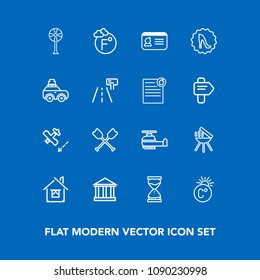 Modern, simple vector icon set on blue background with meat, estate, canoe, temperature, hourglass, travel, aircraft, fan, architecture, greek, air, helicopter, cooking, id, water, clock, europe icons