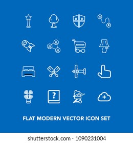 Modern, simple vector icon set on blue background with aircraft, furniture, beacon, click, barbecue, meat, airplane, security, military, internet, lighthouse, nature, travel, grill, water, add icons