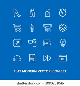 Modern, simple vector icon set on blue background with tripod, movie, stereo, building, player, communication, music, office, light, email, window, style, button, electric, card, paper, video icons