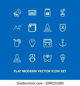Modern, simple vector icon set on blue background with wing, technology, can, record, surgeon, ship, business, nature, helm, butterfly, retro, drink, glass, map, button, vintage, ice, ladder, up icons