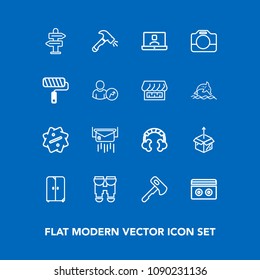 Modern, simple vector icon set on blue background with camera, home, message, travel, cardboard, mail, cupboard, unpacking, screwdriver, handle, package, technology, label, music, sign, envelope icons