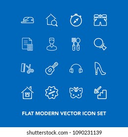 Modern, simple vector icon set on blue background with white, hairdresser, up, finance, musical, cap, professional, high, label, house, direction, shorts, online, stereo, sale, real, wing, wear icons