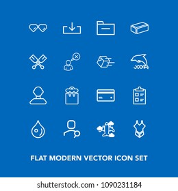 Modern, simple vector icon set on blue background with mark, sunglasses, business, list, web, internet, water, male, checklist, woman, folder, sign, glasses, people, computer, flight, aircraft icons