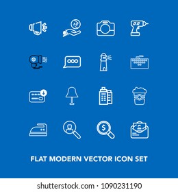 Modern, simple vector icon set on blue background with ironing, sound, find, sack, investment, estate, computer, film, account, light, mug, dollar, video, envelope, sign, domestic, handle, post icons