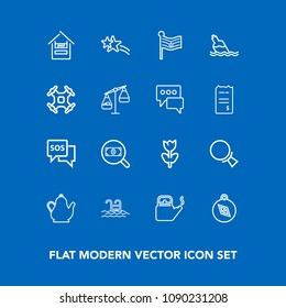 Modern, simple vector icon set on blue background with kitchen, holiday, drink, kettle, national, store, find, cart, summer, compass, nature, shiny, magnifying, water, bottle, supermarket, help icons