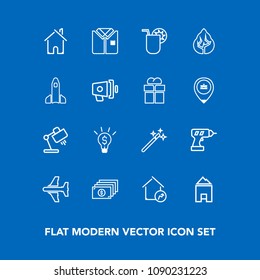 Modern, simple vector icon set on blue background with architecture, airplane, juice, aircraft, wizard, equipment, table, magic, magician, hand, landscape, drill, shirt, concept, forest, summer icons