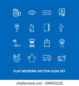 Modern, simple vector icon set on blue background with cocktail, money, bag, equipment, eye, ticket, beach, human, film, kitchen, hour, bus, trip, kettle, juice, mexico, time, baja, clock, sack icons