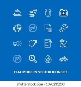Modern, simple vector icon set on blue background with whistle, map, magnetic, route, tree, location, concept, forbidden, water, internet, forest, ocean, megaphone, field, boat, pin, delivery icons