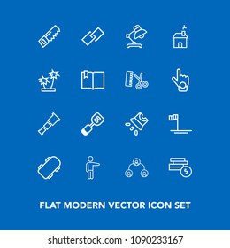 Modern, simple vector icon set on blue background with showing, astronomy, movie, skate, space, home, company, mexico, bank, ocean, beach, projection, table, telescope, baja, saw, hammer, blue icons