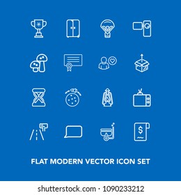 Modern, simple vector icon set on blue background with cup, water, sale, business, home, kerosene, victory, snorkel, video, planet, talk, parachute, tv, winner, travel, speech, clock, sea, time icons
