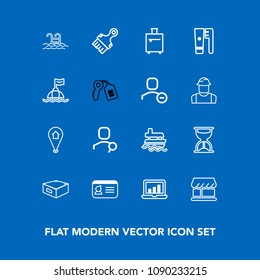 Modern, simple vector icon set on blue background with white, clock, internet, sea, laptop, vessel, search, document, hour, time, account, boat, paint, suitcase, map, name, screen, pin, travel icons