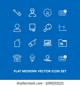 Modern, simple vector icon set on blue background with people, sack, sun, direction, showing, computer, laptop, estate, chart, finance, pointing, telephone, wooden, online, sunrise, office, bird icons