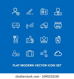 Modern, simple vector icon set on blue background with screen, crown, good, wireless, king, display, account, cocktail, operation, communication, social, success, bag, royal, hand, antenna, user icons