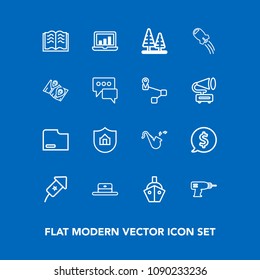 Modern, simple vector icon set on blue background with property, bugle, page, book, tag, protect, trumpet, laptop, house, hand, document, event, fashion, work, paper, drill, background, holiday icons
