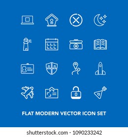 Modern, simple vector icon set on blue background with identification, map, sign, wooden, aircraft, shield, no, document, musical, folk, business, road, protect, instrument, shuttle, bird, web icons