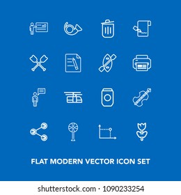 Modern, simple vector icon set on blue background with bugle, transportation, businessman, trumpet, list, sign, social, chat, business, fan, sound, aluminum, metal, spring, people, blossom, tin icons