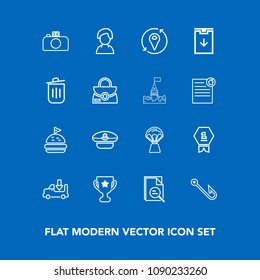 Modern, Simple Vector Icon Set On Blue Background With Photography, Garbage, Lunch, Hat, Sky, Bin, Lorry, Location, Web, Truck, Transport, Travel, Sailor, Camera, Award, Human, Rod, Place, Tool Icons