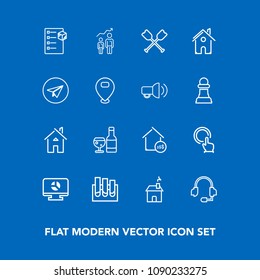 Modern, simple vector icon set on blue background with checklist, box, medical, wine, business, oar, headset, call, analysis, architecture, growth, research, drink, personal, home, laboratory icons