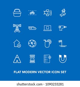 Modern, simple vector icon set on blue background with adventure, bicycle, tent, timer, home, transportation, bike, cycle, human, travel, clock, beach, glass, hour, real, magnetic, summer, grass icons