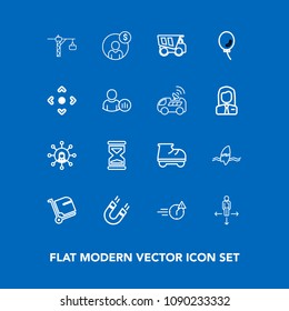 Modern, simple vector icon set on blue background with business, tipper, surfing, vehicle, bag, man, finance, leisure, magnetic, office, money, time, roller, late, baggage, financial, technology icons