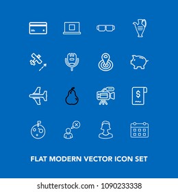 Modern, simple vector icon set on blue background with travel, avatar, business, tripod, planet, banking, lens, fruit, human, camera, day, fashion, pear, flag, money, plastic, debit, moon, web icons
