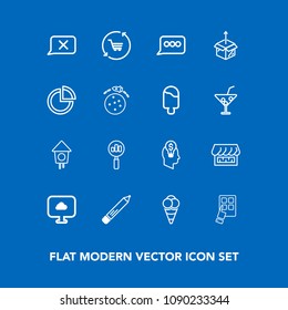 Modern, simple vector icon set on blue background with speech, cart, graph, technology, package, modern, trolley, new, business, shop, cream, pencil, concept, bird, curtain, wooden, search, sign icons